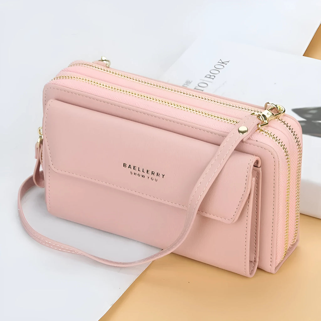Ladies soft PU leather diagonal messenger wallet bag with double zipper in horizontal square shape
