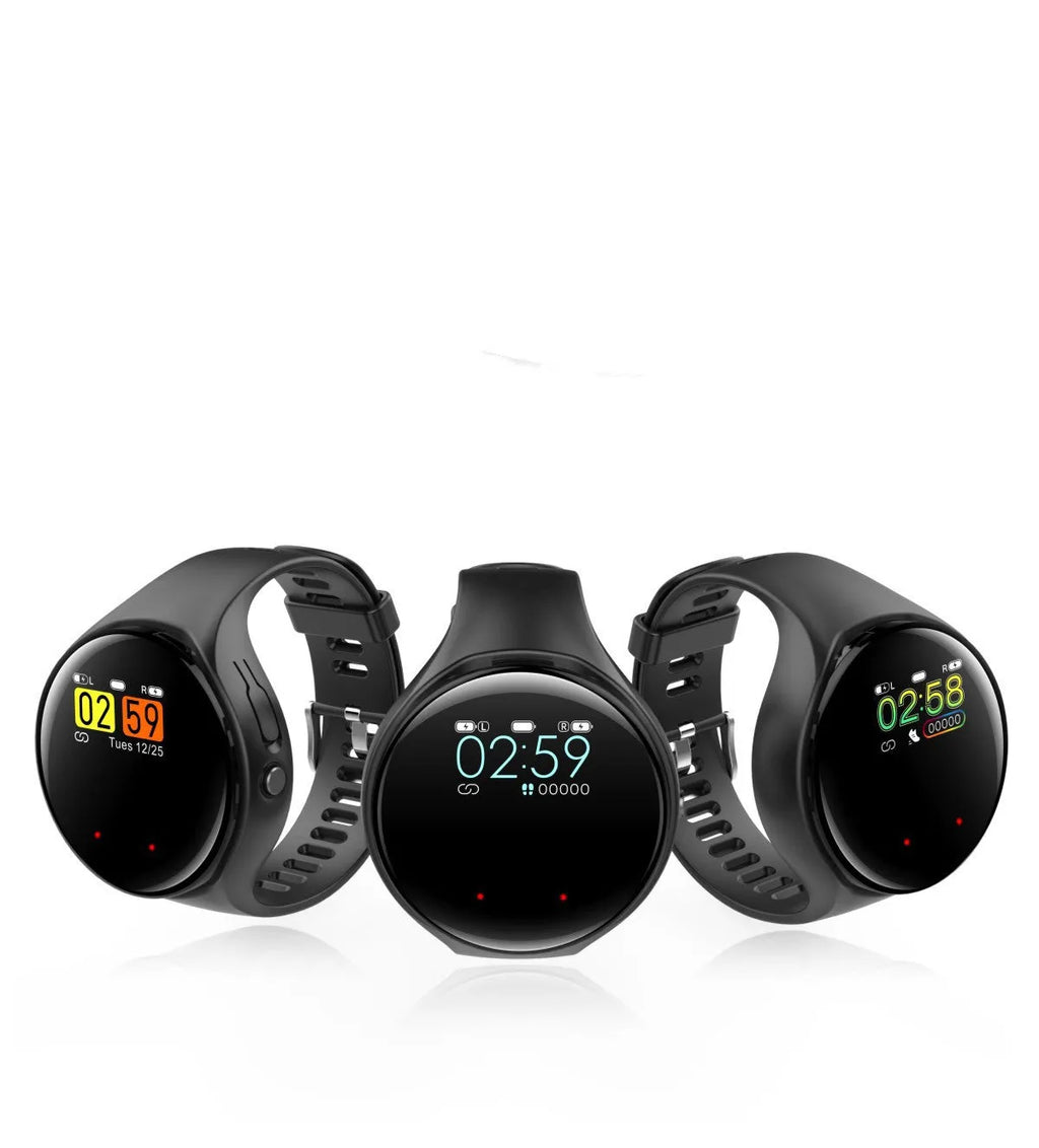 Black detachable Bluetooth earbud and smart fitness bracelet combo on a wrist.