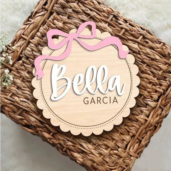 Square wooden baby photo prop ornament with a customised name for nursery decor.