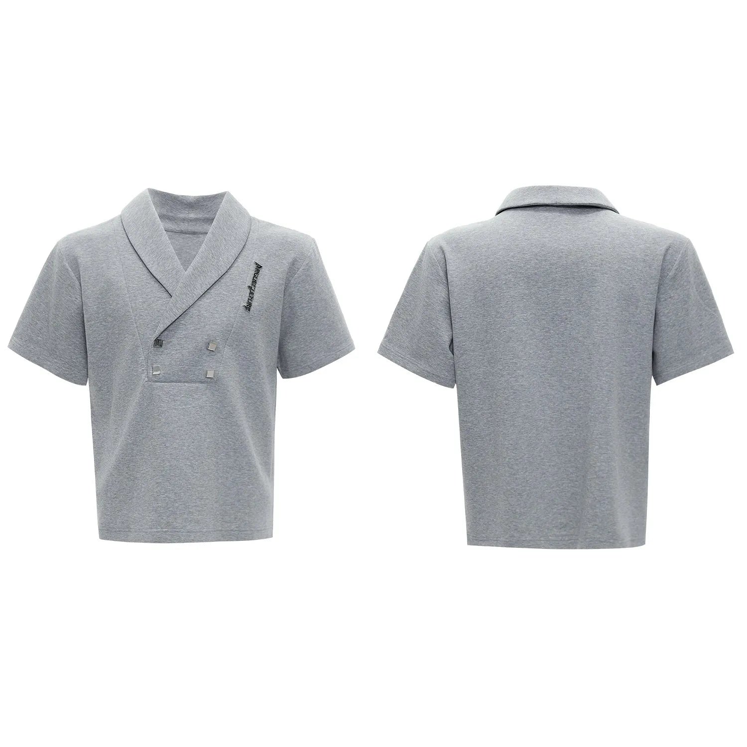 Men's dark grey cotton sports suit with V-neck jacket, padded shoulders, metal embellishments and matching shorts