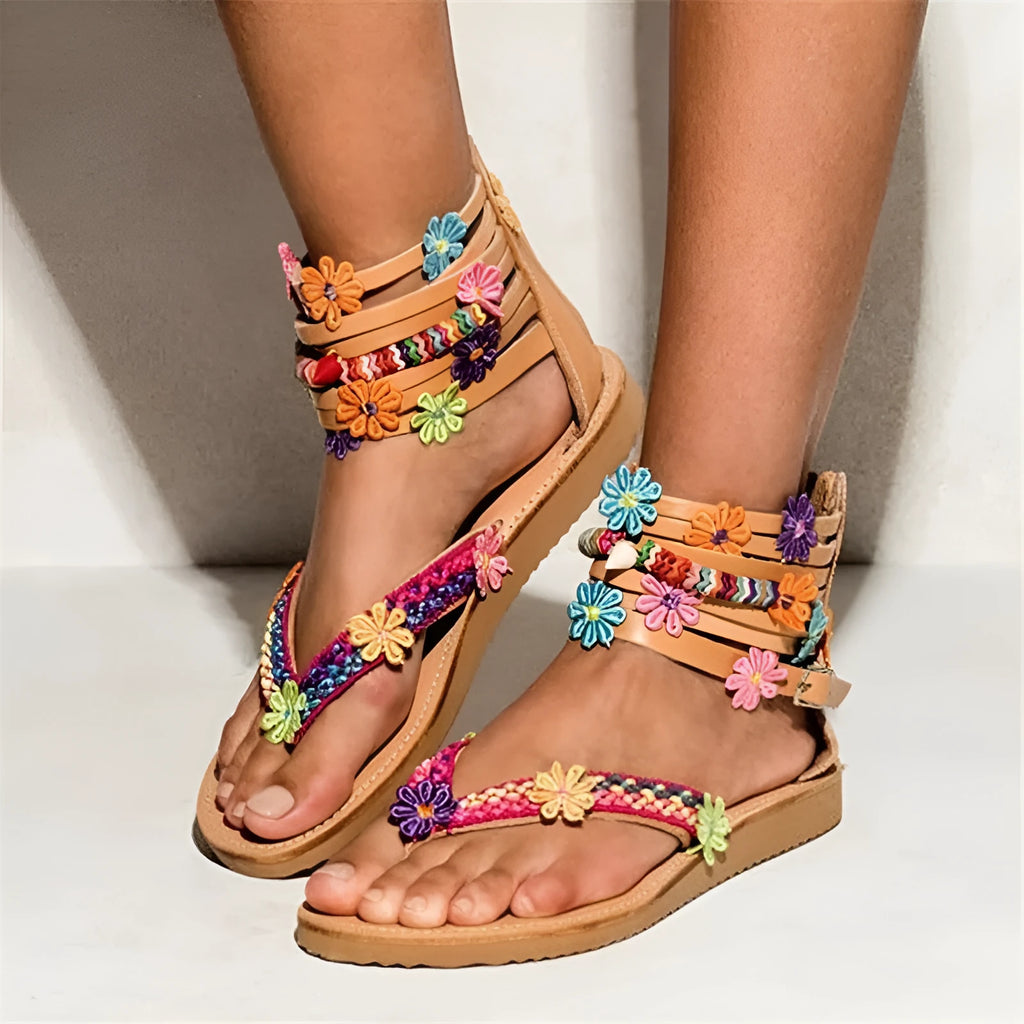 Women's ethnic style Roman sandals with artificial PU upper and decorative flower petals with beads