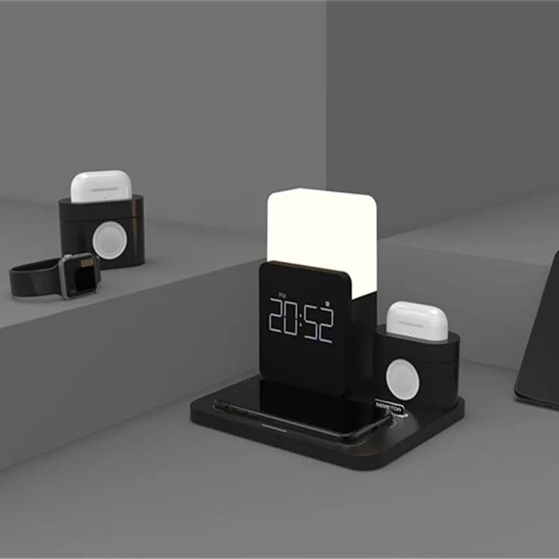 3-in-1 Qi wireless charging stand showing phone, smart watch and earbuds charging simultaneously