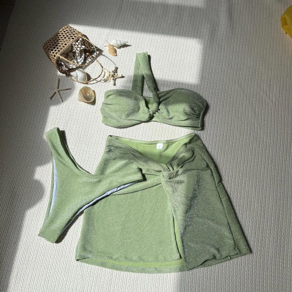 Women's glossy polyester three-piece swimsuit set with one-shoulder tube top in light green colour