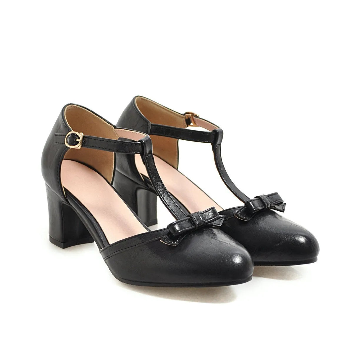 Women's apricot-coloured chunky heel sandals with a buckle strap and hollow-out round toe design.