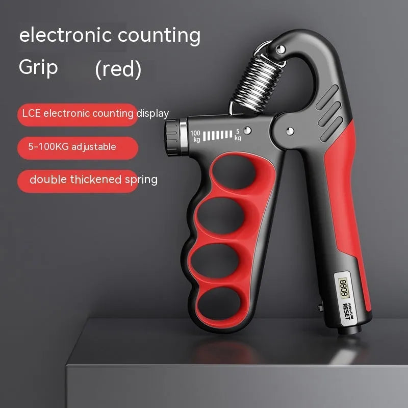 Adjustable electronic count spring grip hand strengthener in grey, orange, or red colour.