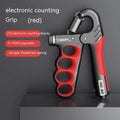 Adjustable electronic count spring grip hand strengthener in grey, orange, or red colour.