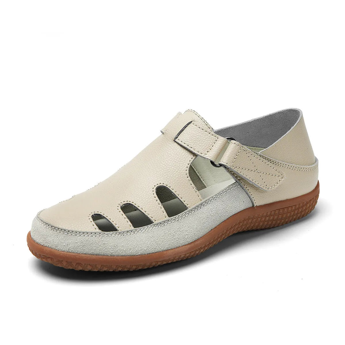 Women's plus size flat sandals in blue with hollow toe cap and breathable design on a thick rubber sole.