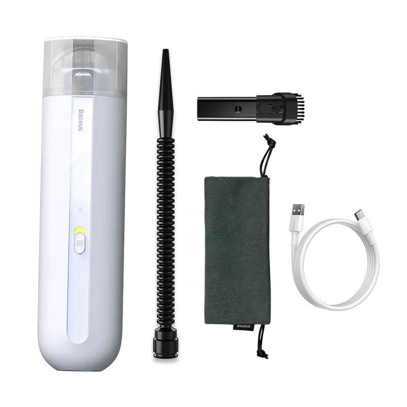 BASEUS wireless handheld car vacuum cleaner in black, white, or green with suction and blowing hose.