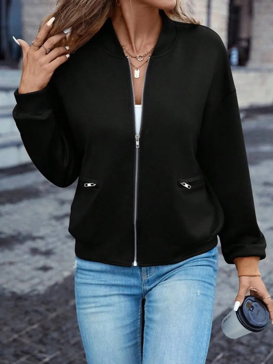 Black women's long sleeve casual zip jacket with faux pockets