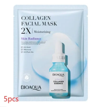 Single-use gel facial sheet mask in packaging, 30g collagen or hyaluronic acid formula.