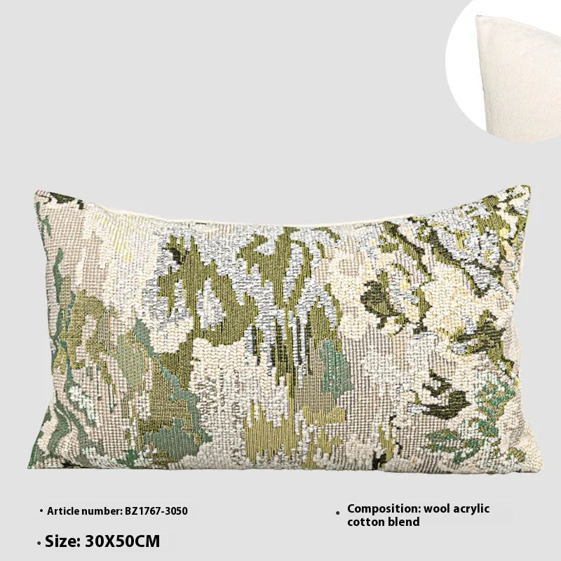 Abstract floral pattern pillow with French antique style in spring green wool blend feather velvet fabric
