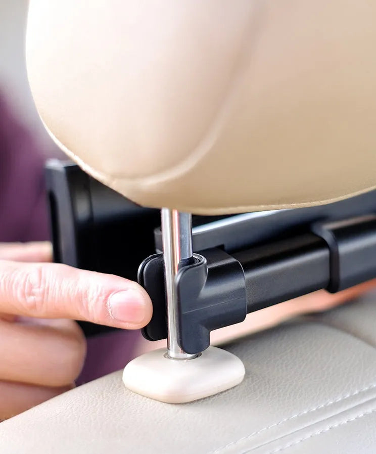 Black car phone holder mounted on vehicle rear seat for universal phone and tablet compatibility
