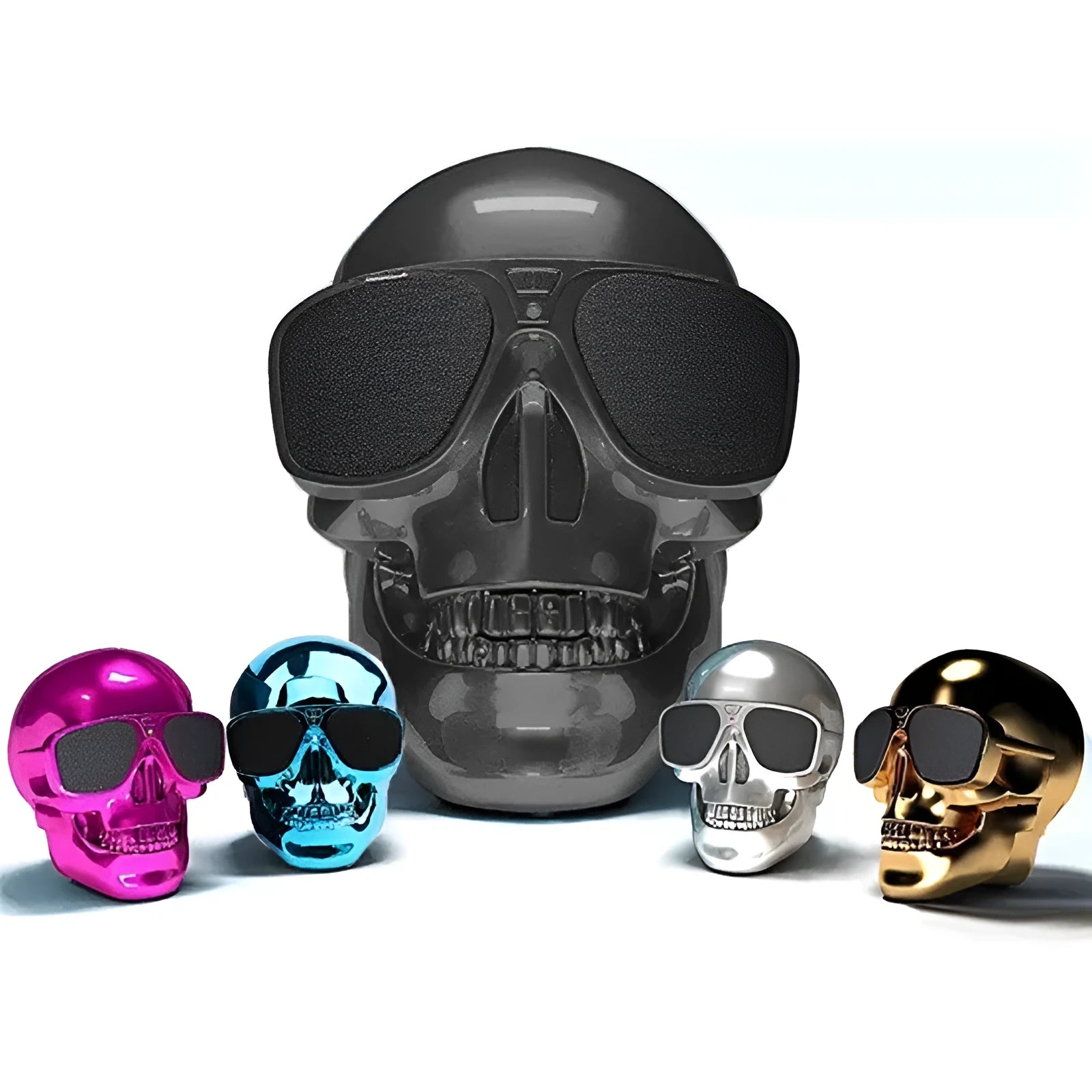 Limited Edition Skull Wireless Bluetooth Speaker in six colour options showing compact portable design