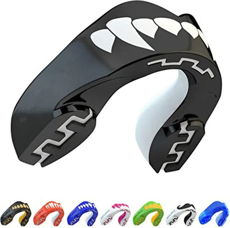Adult boxing mouthguard with printed teeth design for martial arts and Taekwondo protection.