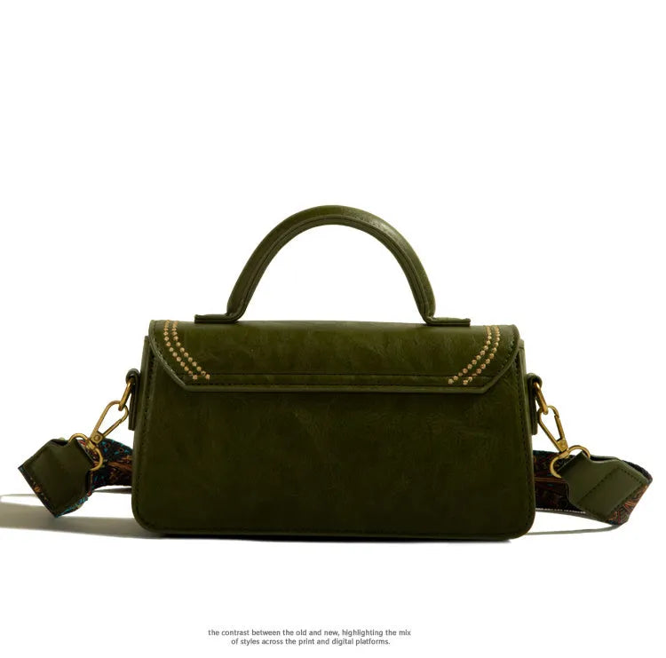 Women's brown PU leather messenger bag with sandwich pocket and shoulder strap