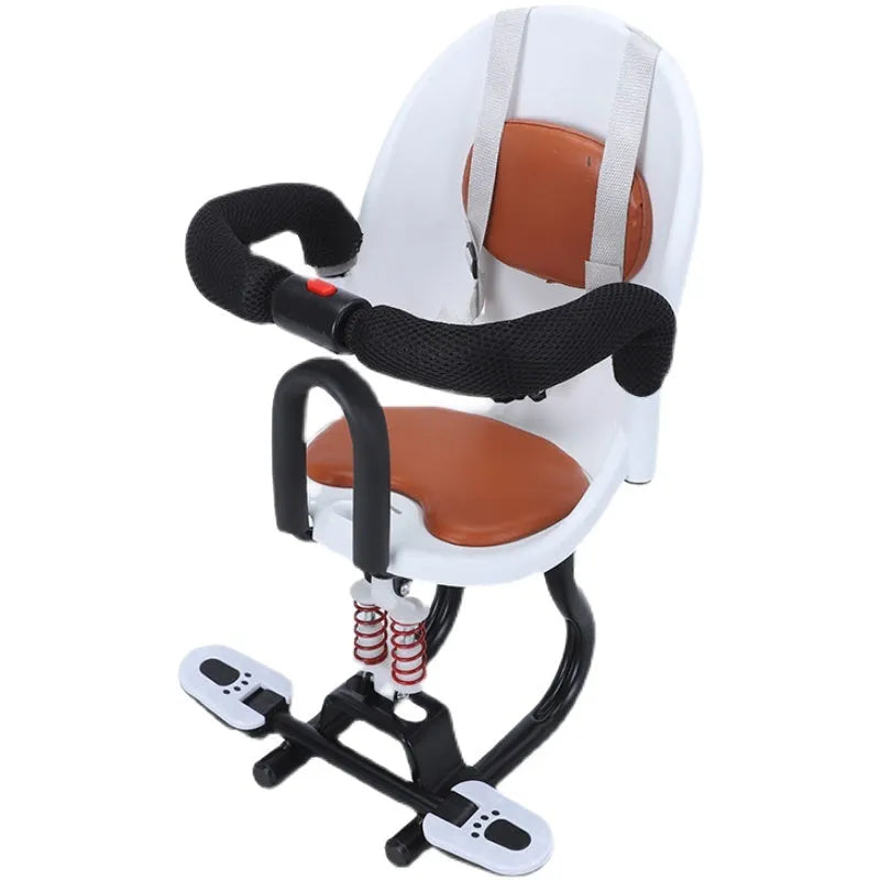 Steel-framed front seat for a child on an electric scooter, shown in black colour.
