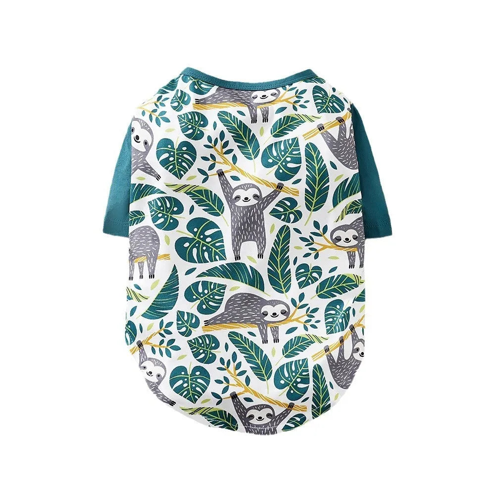 Printed dog t-shirt for small breeds with full-print design showing seasonal casual wear