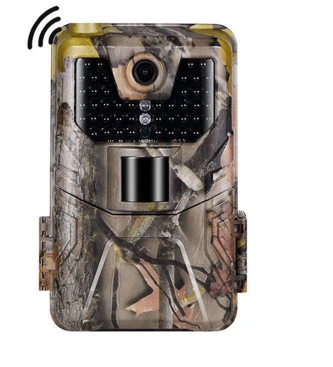 Camouflaged outdoor trail camera showing lens, infrared LEDs, and compact body for wildlife and security monitoring.