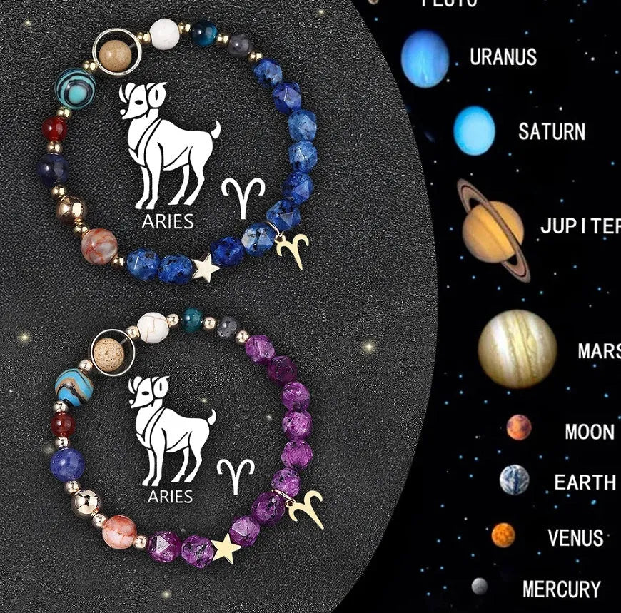 Natural stone bead zodiac bracelet set showing all twelve astrological signs