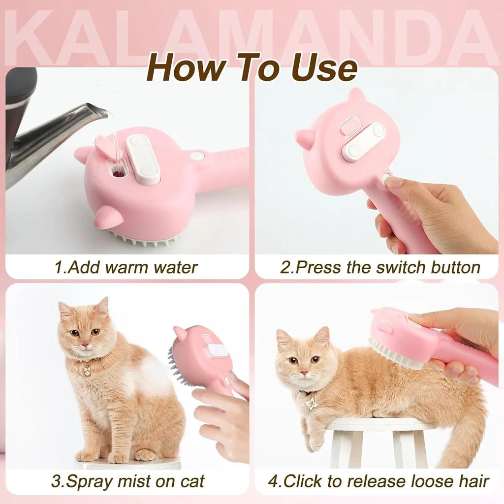 Cat ear-shaped steam brush with soft rubber bristles and release button in blue colour