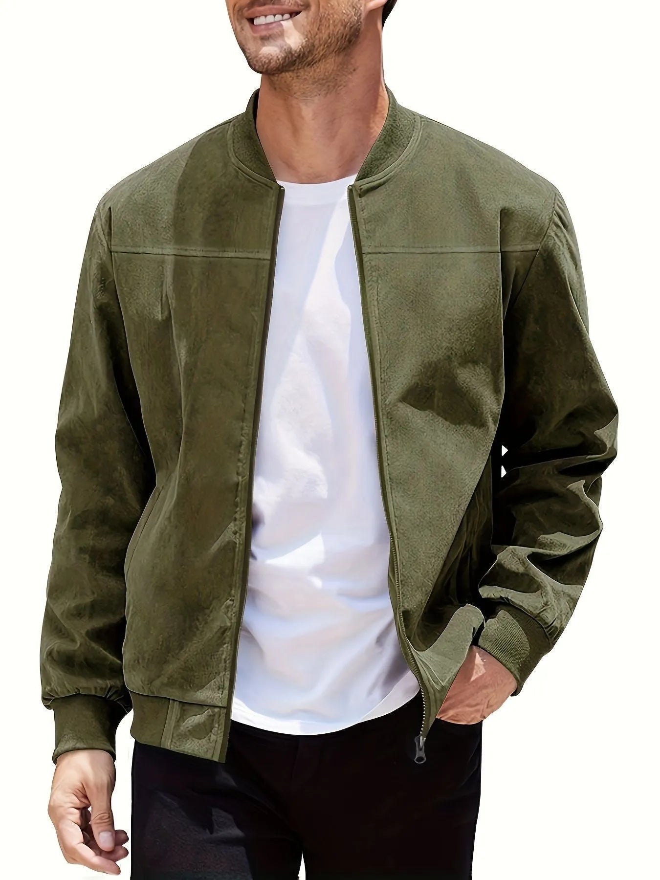 Men's plus size suede casual jacket in Army Green with zipper closure and regular fit.