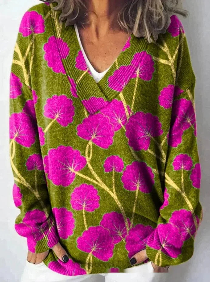 Women's V-neck long sleeve sweatshirt with a detailed 3D floral pattern print in art retro style.