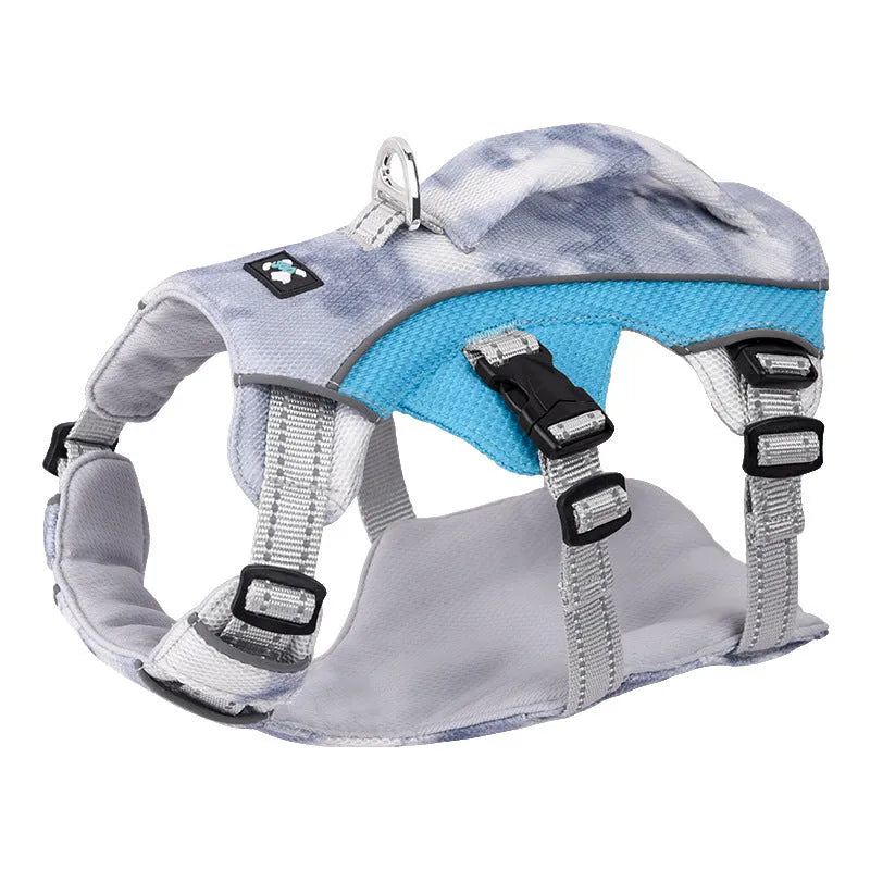 Reflective dog cooling chest strap harness in light blue colour
