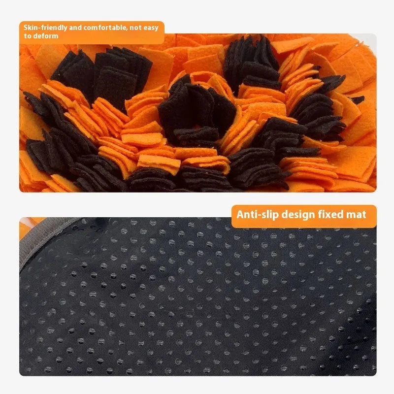 Orange pumpkin-shaped pet training mat on floor with dog treats scattered across polar fleece surface