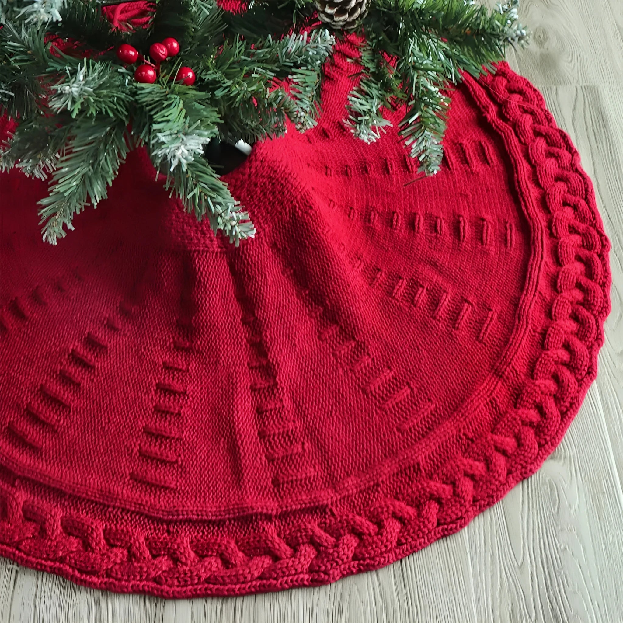 Christmas knitted wool tree skirt in red with 122cm diameter
