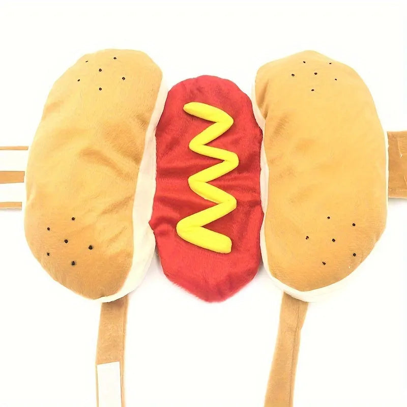 A small dog wearing a stuffed hot dog costume with a padded sausage midsection.