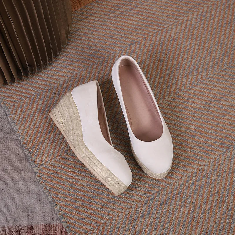 Women's wedge heel pumps in apricot with rope bottom detail and thick sole