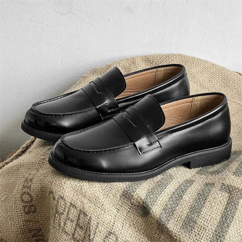 Men's classic black slip-on derby leather shoes with microfiber upper and rubber sole