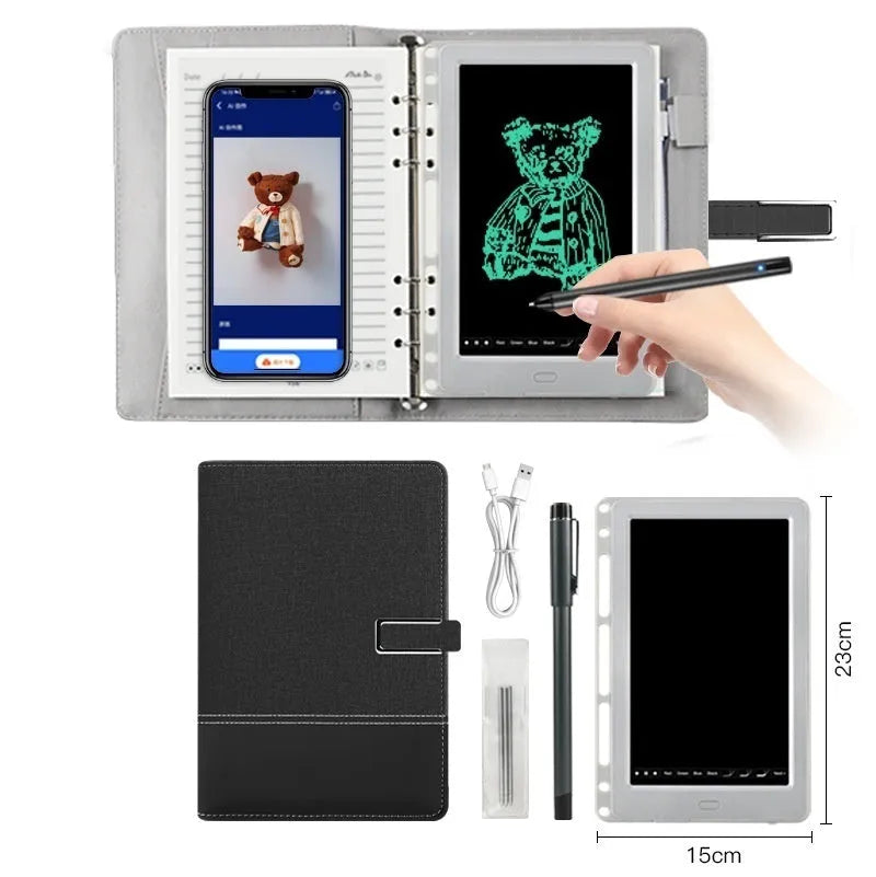 85-inch electronic writing pad with stitching detail, shown in dark blue with a smart pen.