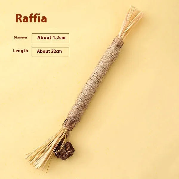 Natural wood cat teething chew rod with Lafite grass and catnip, 2.2cm diameter, shown with raffia scarecrow style