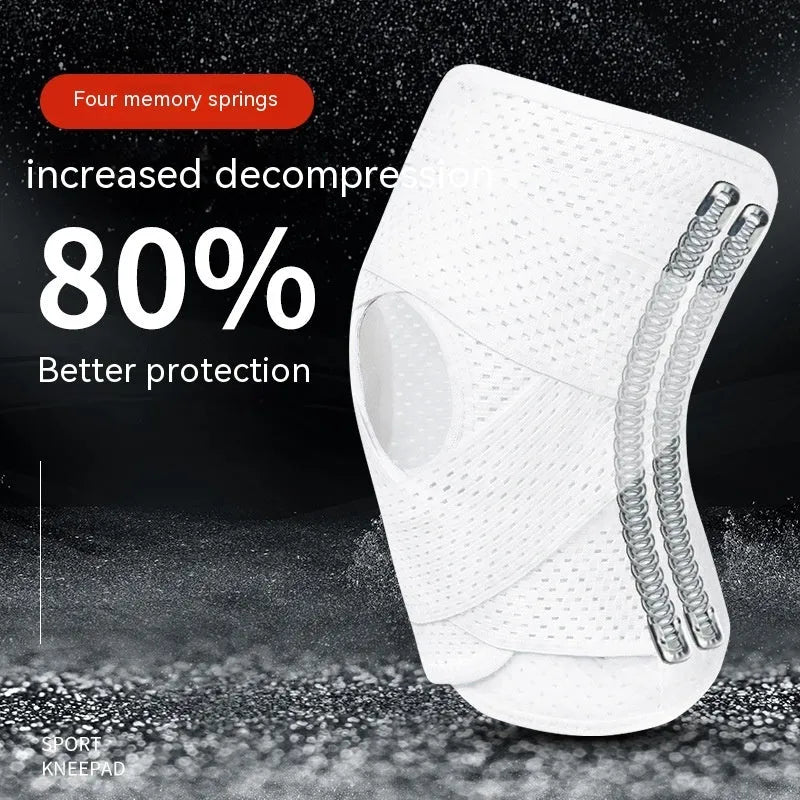 Black mesh fabric knee protective sleeve for meniscus and patellar injury recovery during sports.