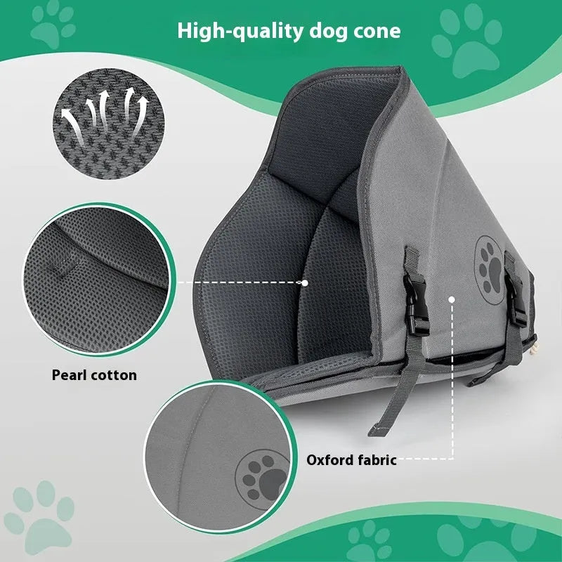 Adjustable fabric pet recovery collar in sizes L, M, XL, shown in double layer and single layer styles.