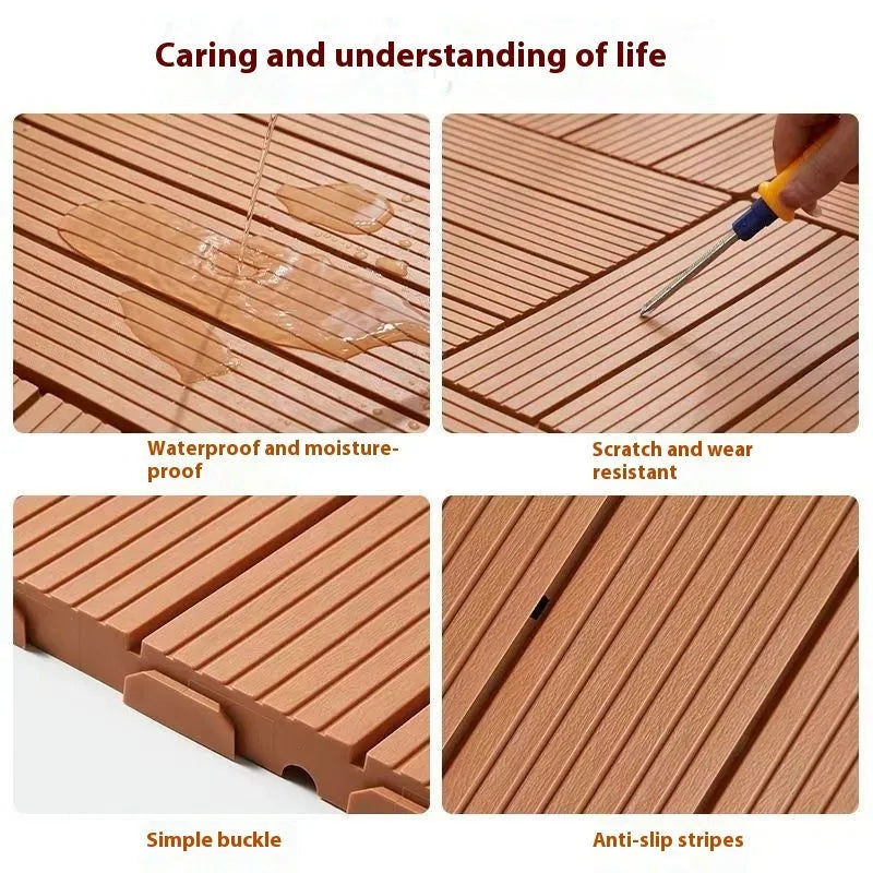 Pack of ten interlocking wood grain plastic floor tiles showing non-slip textured surface.