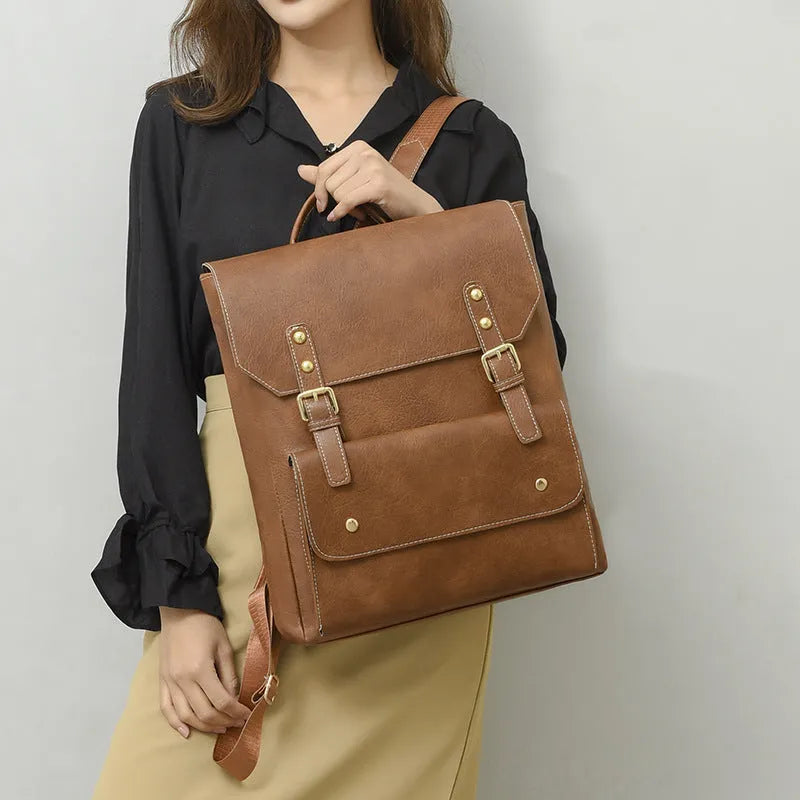 Korean style retro backpack in soft PU material showing ventilation features and burden reduction design