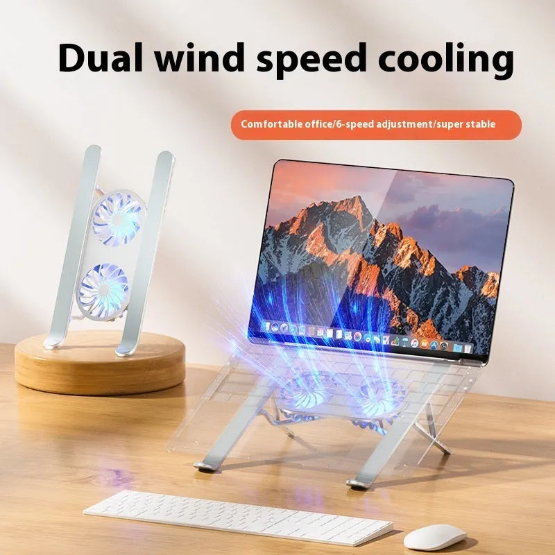 Silver aluminium laptop stand with twin cooling fans in a lifted position on a desk