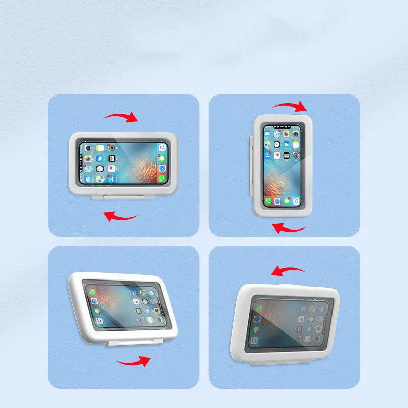 White plastic waterproof phone holder mounted on tile with phone inside, showing touch screen and anti-fog window.
