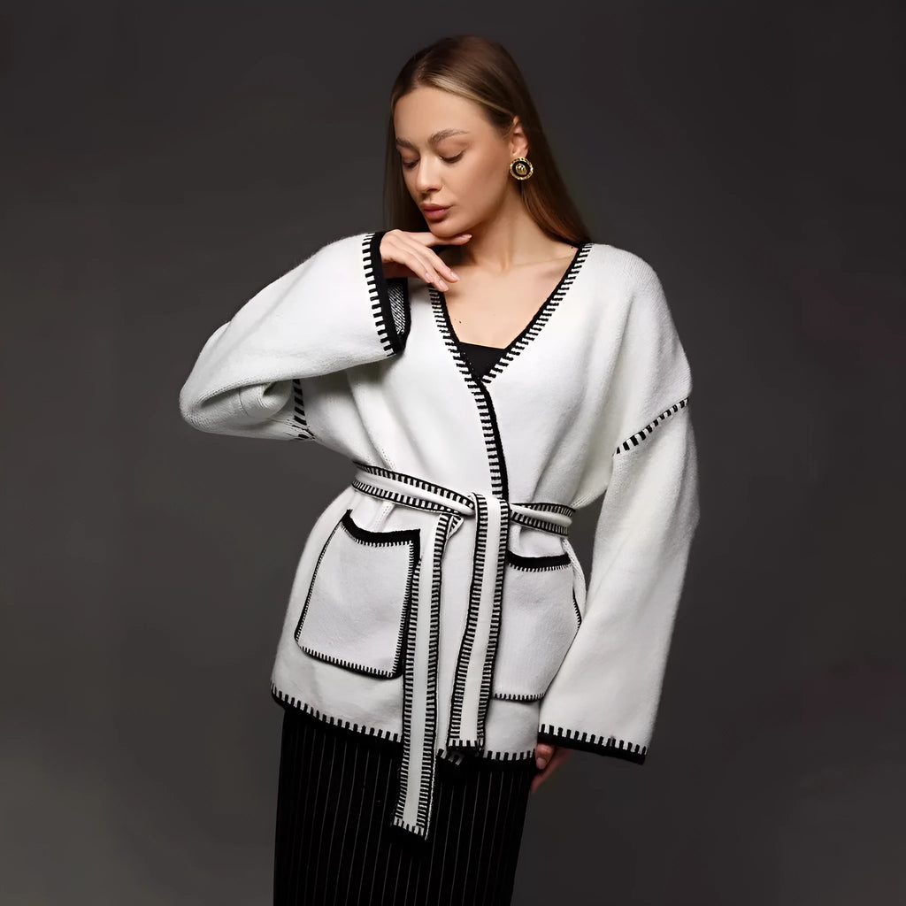Lace-up knitted cardigan in camel colour with loose fit and mid-length design