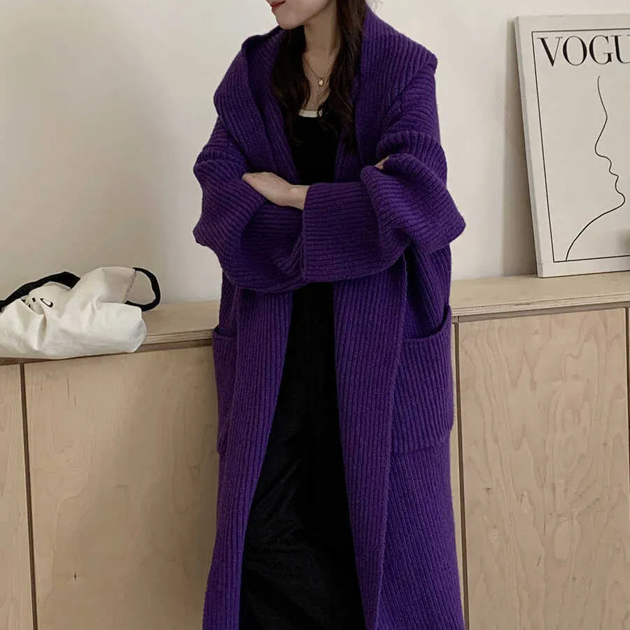 Women's loose hooded cardigan coat in beige with raglan sleeves and extended length