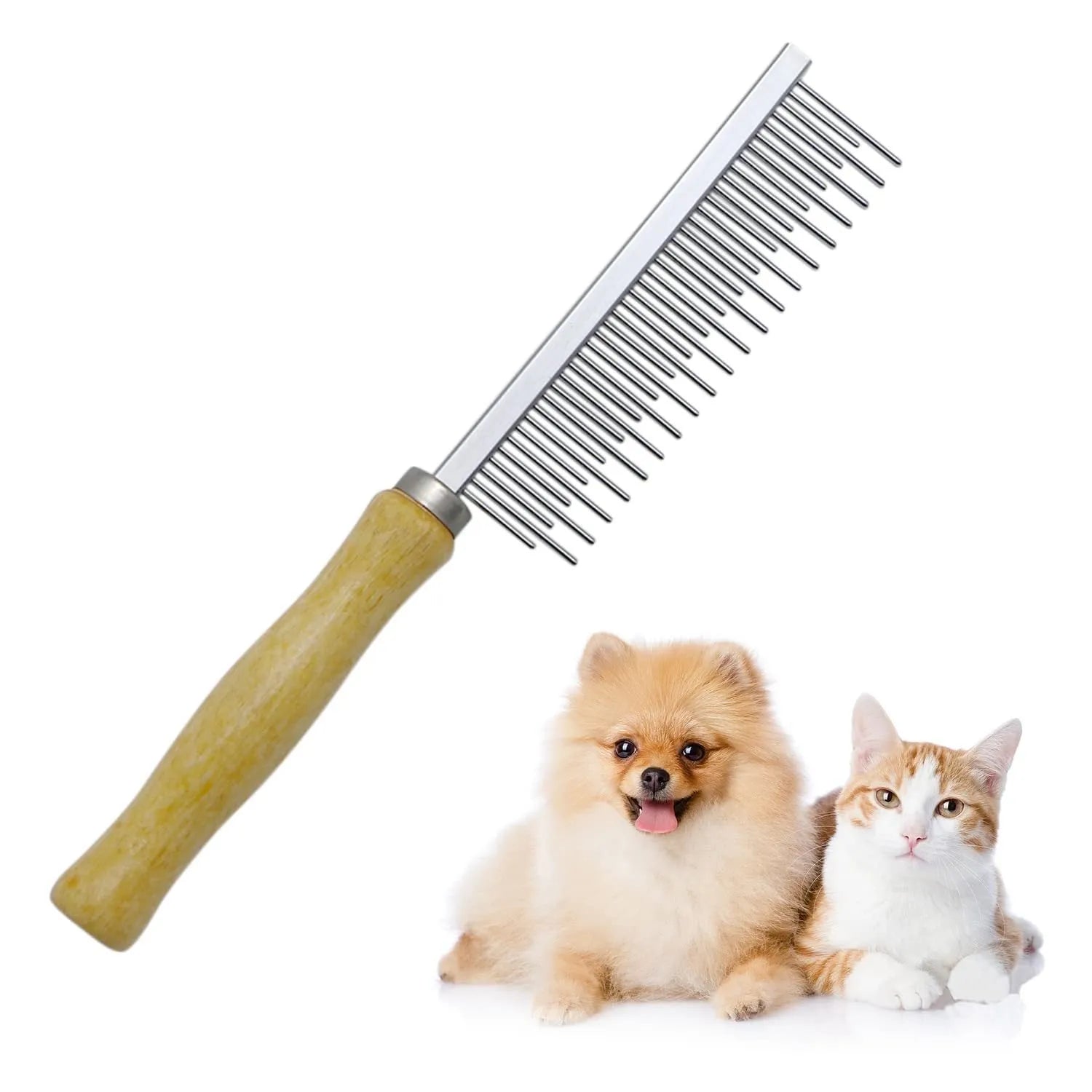 Wooden handle pet grooming comb for dogs and cats with smooth polished needles
