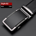 Men's leather automatic buckle belt in gun black, silver, and gold colour options on a white background