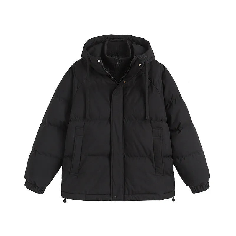 A loose two-piece cotton-padded winter coat in a solid colour with side seam pockets.