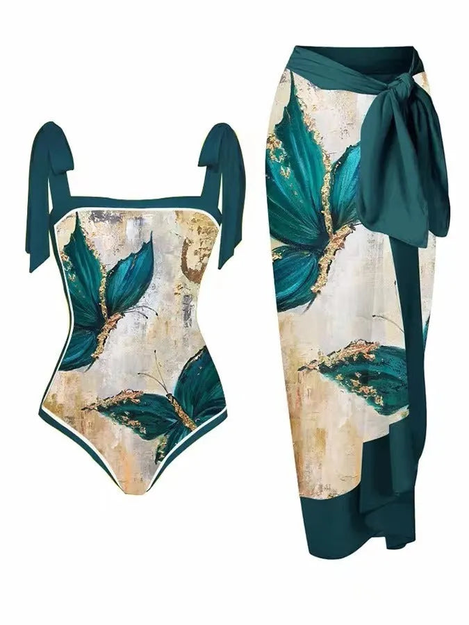Women's floral print chiffon swimsuit with attached skirt in two-piece design