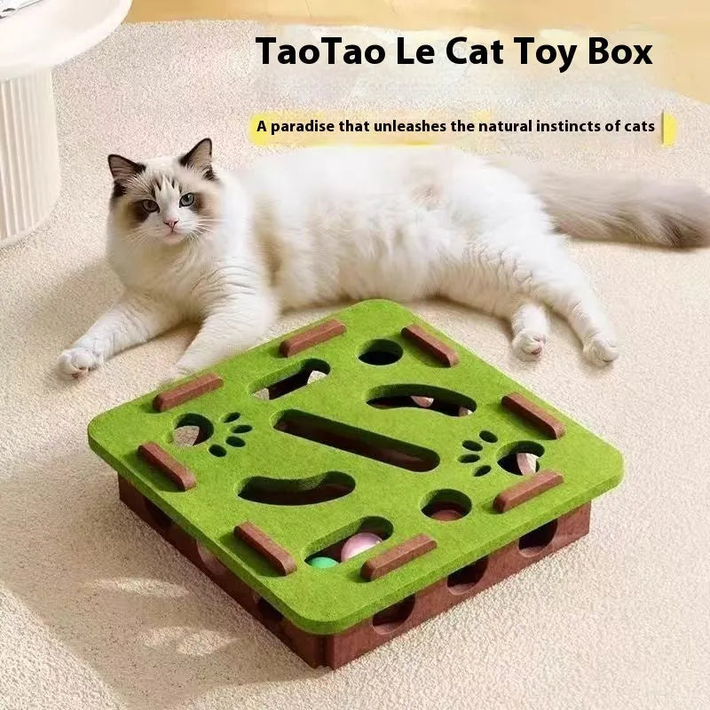 Felt cat toy box 30cm with scratching surface and hiding holes in green brown colour
