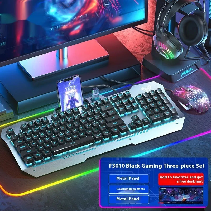 F3010 black and white metal gaming keyboard, mouse, and headset bundle with single-colour LED backlighting.