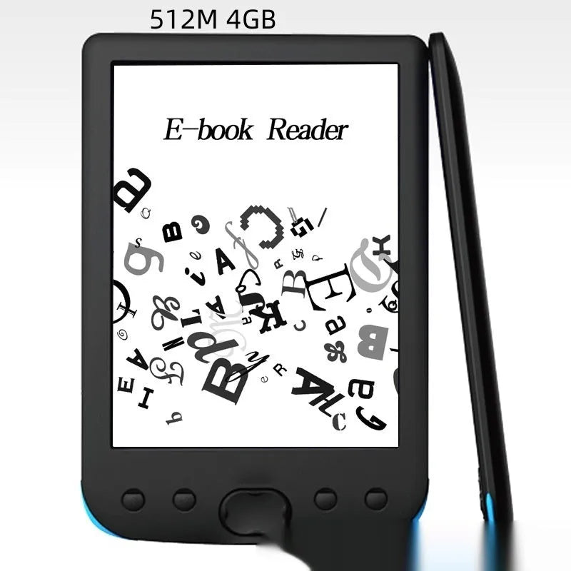 Black 6-inch E-ink screen e-book reader showing book display interface