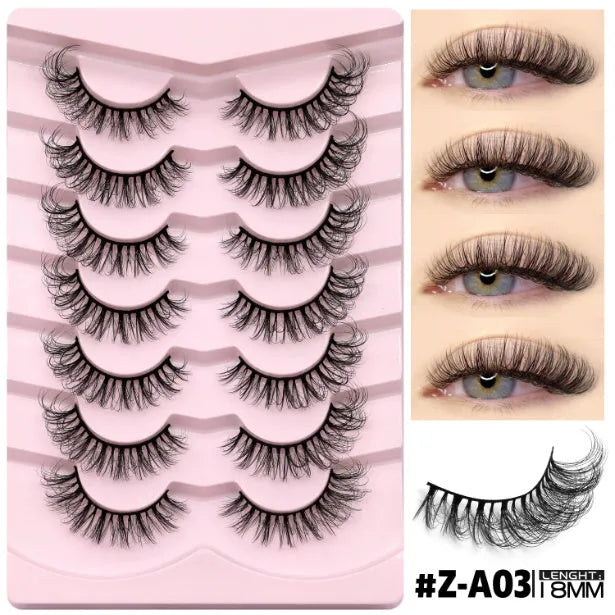 Box of artificial fibre false eyelashes with glue in six style options for a natural long look.